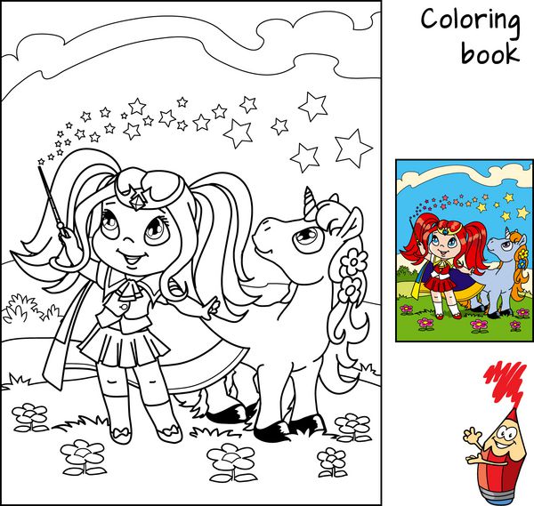 دختر جادوگر ناز با چوب جادویی و اسب شاخدار جوان کتاب رنگ آمیزی وکتور کارتونی