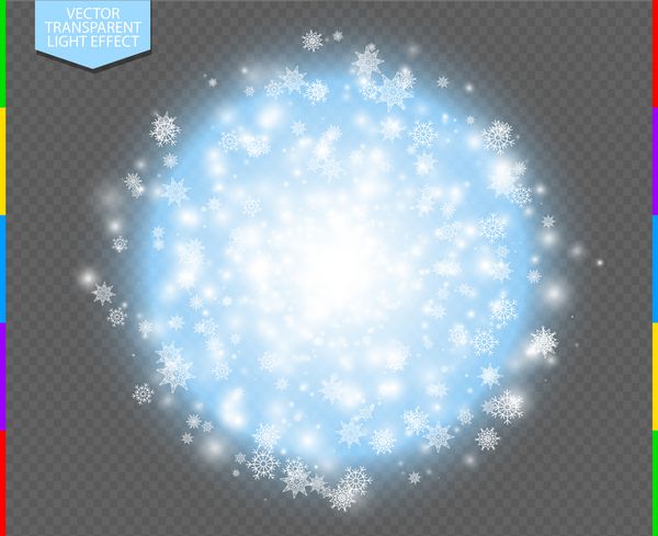 مواد منفجره انتزاعی سفید با جرقه و دانه برف افکت نور انفجار ستاره آبی درخشان پس زمینه شفاف وکتور زمستانی می درخشد مفهوم فلش کریسمس یا سال نو