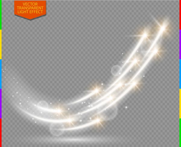 وکتور انتزاعی افکت نور دنباله ستاره درخشش جادویی با خط منحنی تاری نئونی به سمت بالا می‌آید گرد و غبار درخشان با بوکه جلوه ویژه کریسمس سفید و طلایی در پس زمینه شفاف