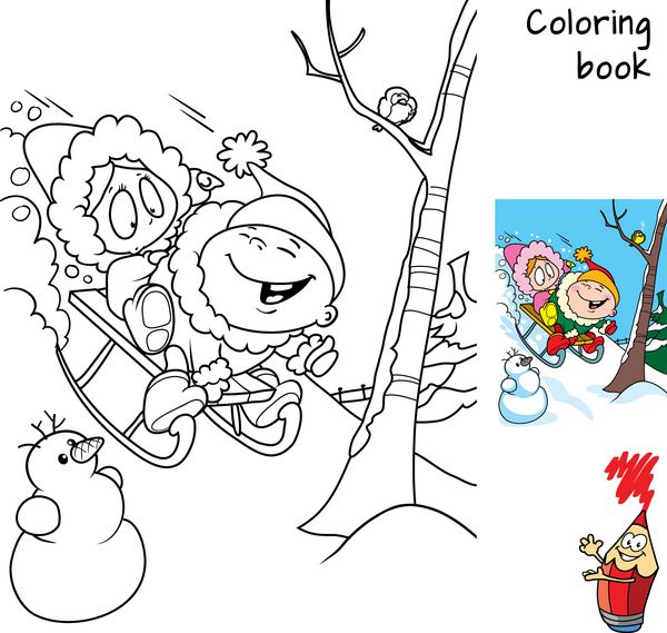 کودکانی که با سورتمه از تپه ها پایین می روند کتاب رنگ آمیزی وکتور کارتونی