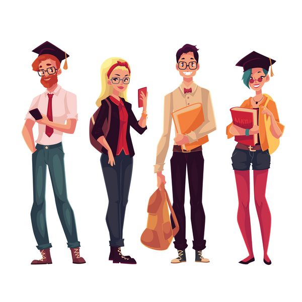 گروهی از کالج تمام قد دانشجویان دانشگاه با کتاب و تلفن تصویری به سبک کارتونی جدا شده در پس‌زمینه سفید دانش آموزان دختر و پسر با لباس راحتی
