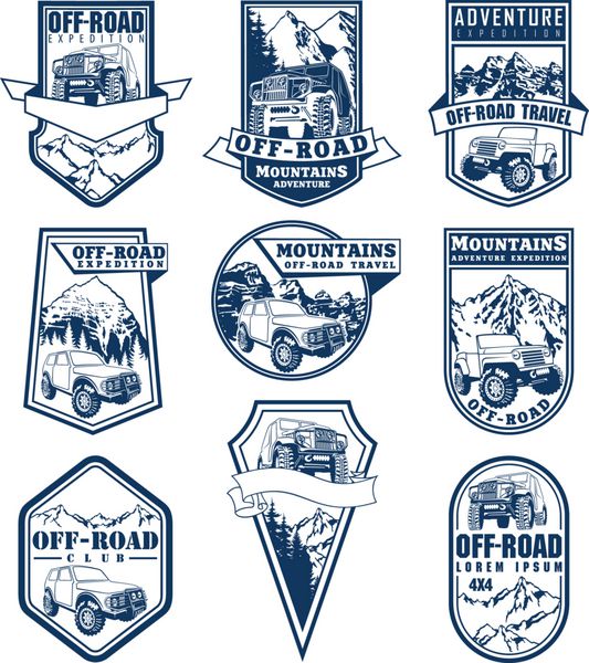 مجموعه نمادهای وکتور با خودروی آفرود خودروی ۴۴ و کوهستان