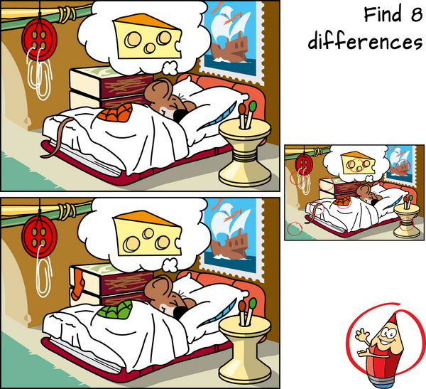 موش خوابیده 8 تفاوت را پیدا کنید بازی آموزشی برای کودکان وکتور کارتونی