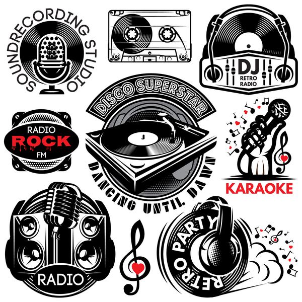 مجموعه ای از الگوهای نشان رترو برای کارائوکه دیسکو مهمانی رادیو آواز
