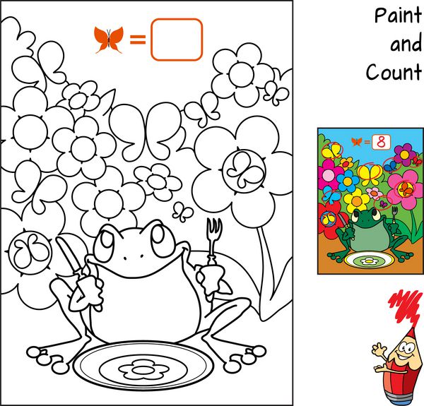 چند پروانه از قورباغه پنهان می شوند؟ بازی شمارش آموزش برای کودکان کتاب رنگ آمیزی وکتور کارتونی