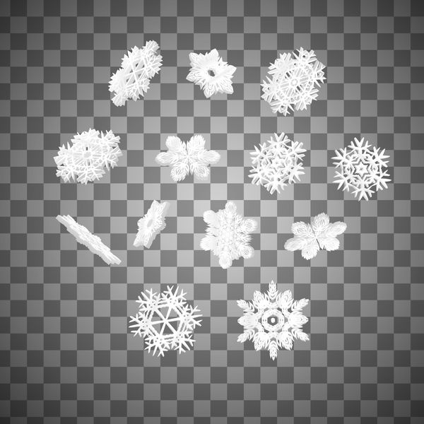 مجموعه ای از دانه های برف سه بعدی در پس زمینه شفاف وکتور تصویر کریسمس