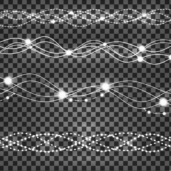 مجموعه وکتوری از گلدسته‌های براق و درخشان روی پس‌زمینه شفاف وکتور چهارخانه چراغ های رشته کریسمس