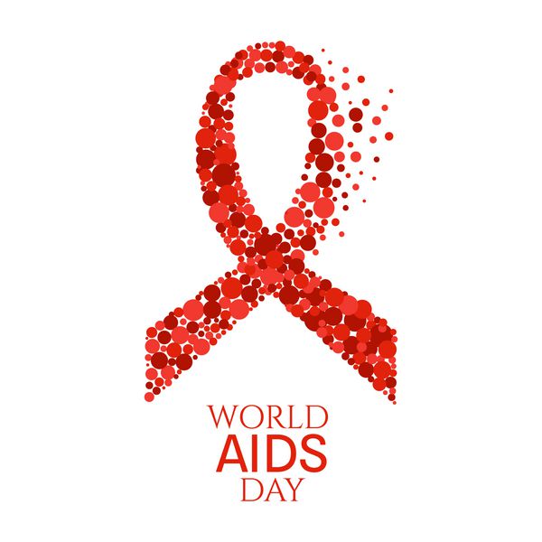 پوستر آگاهی از ایدز نماد روز جهانی ایدز روبان قرمز ساخته شده از نقطه در زمینه سفید مفهوم پزشکی وکتور