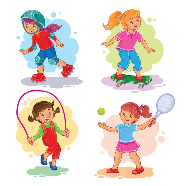 مجموعه نمادهای دخترانی که در حال بازی تنیس طناب زدن اسکیت بازی هستند