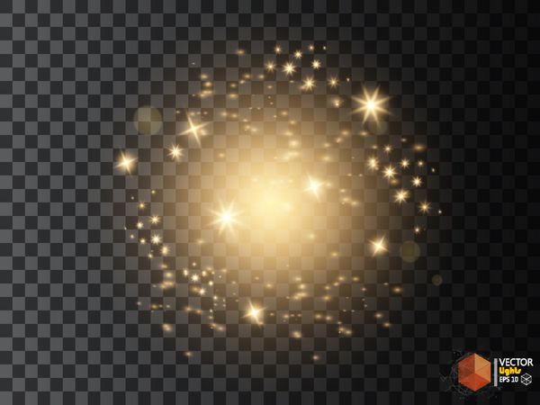 ذرات درخشان گرد و غبار ستاره ای طلایی در پس زمینه شفاف دم دنباله دار فضایی وکتور تصویر مد زرق و برق