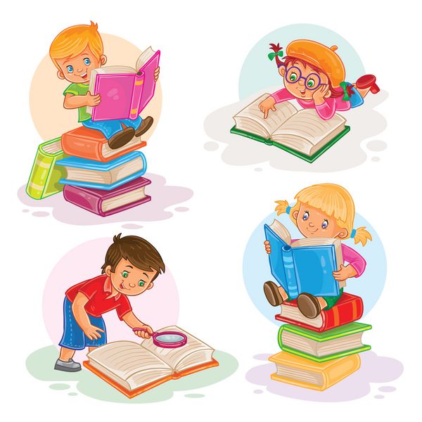 مجموعه نمادهای کودکان کوچک در حال خواندن کتاب