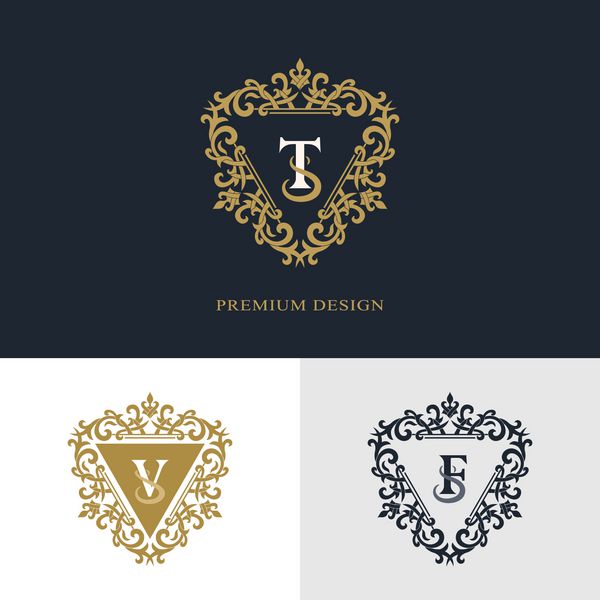 عناصر طراحی مونوگرام قالب برازنده طراحی آرم خط هنر زیبا خوشنویسی علامت نامه علامت T V F برای سلطنتی کارت ویزیت بوتیک هتل هرالدیک جواهرات وکتور