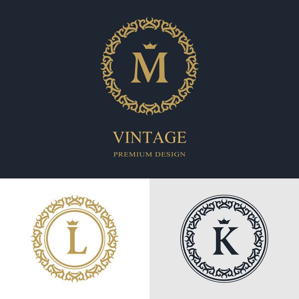 عناصر طراحی مونوگرام قالب برازنده طراحی آرم خط هنر زیبا خوشنویسی علامت حرف M L K برای سلطنتی کارت ویزیت بوتیک هتل هرالدیک جواهرات وکتور