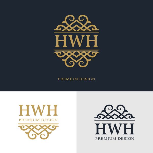 عناصر طراحی مونوگرام قالب برازنده طراحی آرم خط هنر زیبا خوشنویسی علامت نامه HWH برای سلطنتی کارت ویزیت بوتیک هتل هرالدیک جواهرات وکتور