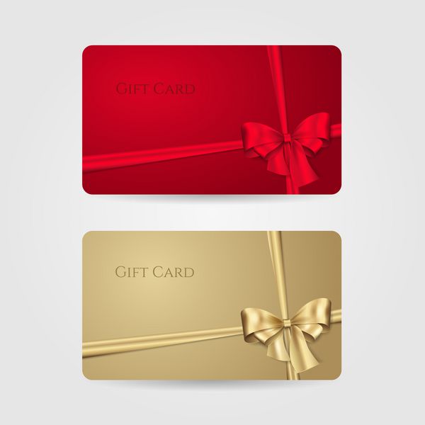 کارت هدیه قرمز و طلایی با پاپیون و روبان قالب وکتور برای طراحی دعوتنامه و کارت اعتباری یا تخفیف جدا شده از پس زمینه