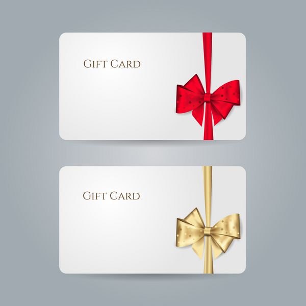 کارت هدیه سفید با پاپیون قرمز طلایی با نقطه پولکا و روبان قالب وکتور برای طراحی دعوتنامه و کارت اعتباری یا تخفیف جدا از پس زمینه 