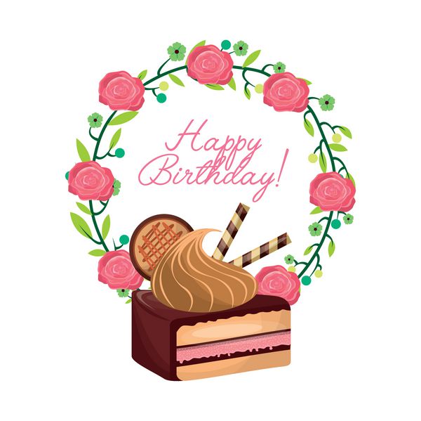 نماد دسر کیک شیرین در اطراف تاج گل روی پس زمینه سفید طرح کارت تبریک تولد وکتور