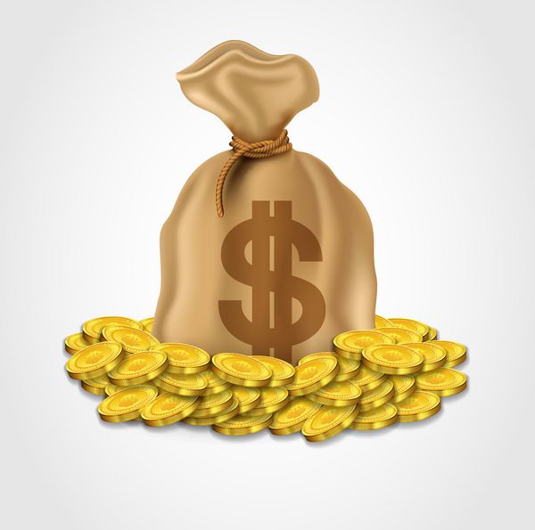 گونی دلار با انبوهی از سکه های طلا