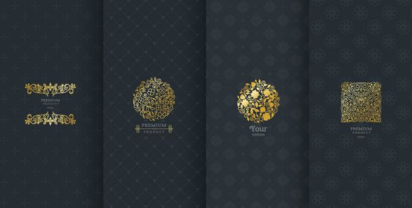 مجموعه ای از عناصر طراحی برچسب نماد قاب برای بسته بندی طراحی محصولات لوکس ساخته شده با فویل طلایی ایزوله شده در زمینه مشکی وکتور