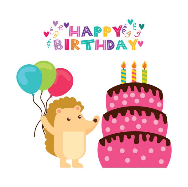 کارت تولد مبارک با حیوان آرمادیلو ناز و کیک با شمع روی پس زمینه سفید وکتور