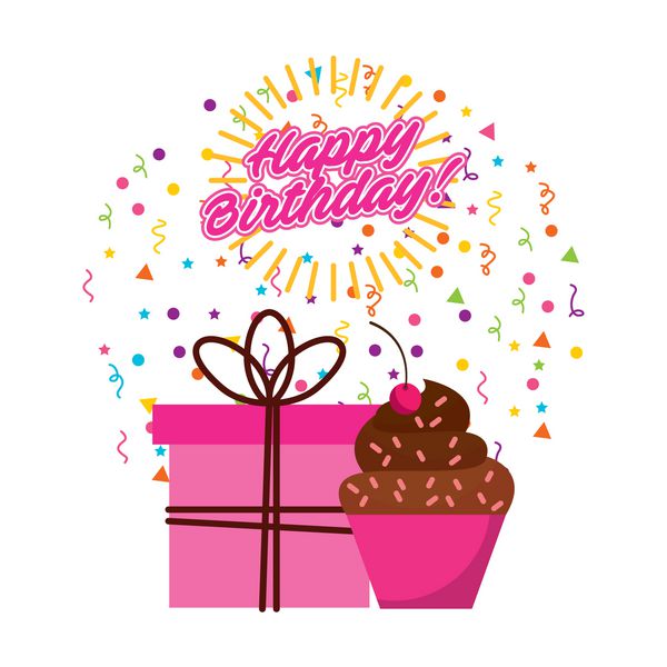 کارت تبریک تولد با جعبه هدیه و نماد کیک کوچک روی پس زمینه سفید وکتور