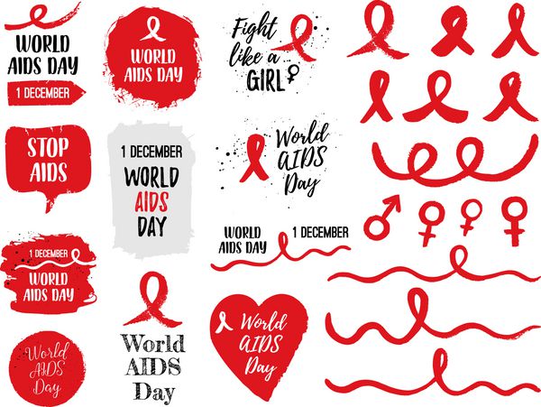 بنر روز جهانی ایدز 1 دسامبر علائم نشان ها مجموعه عناصر مفهوم وکتور آگاهی از کمک ها طراحی با متن روبان قرمز کشیده شده با دست قلم مو متن روز جهانی ایدز