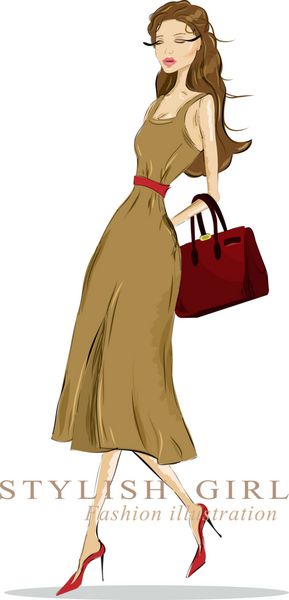 زن نقاشی شیک زیبا با کیف ظاهر مد مفصل وکتور