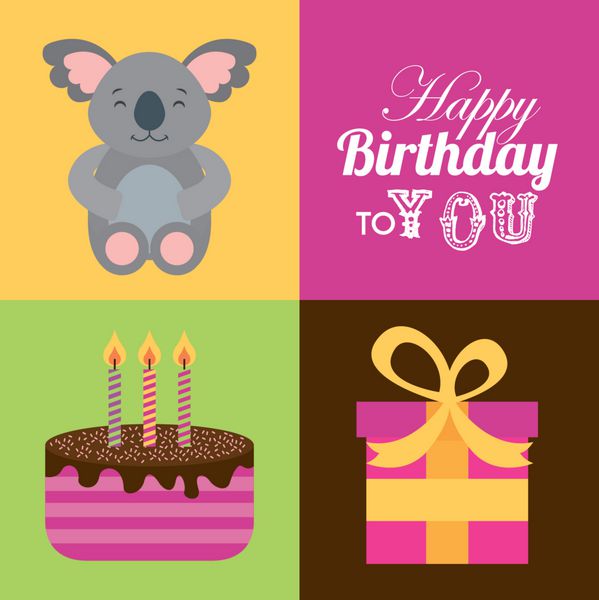 کارت تبریک تولد با کوالای ناز و کیک با شمع و جعبه هدیه طراحی رنگارنگ وکتور