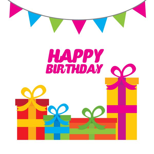 کارت تبریک تولد با جعبه های هدیه و قلم های تزئینی روی زمینه سفید طراحی رنگارنگ وکتور