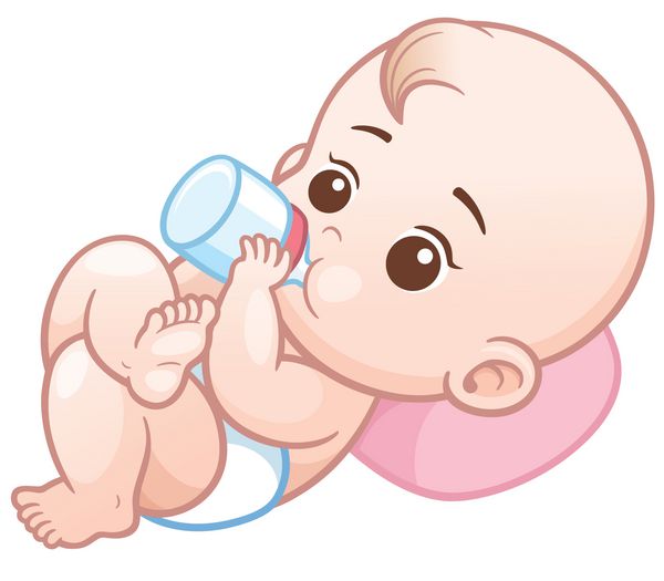 وکتور از کودک کارتونی که شیشه شیر را در دست گرفته است نوزاد شیرخوار در حال خوردن شیر