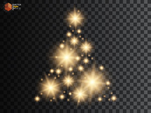 ساخته شده از درخت کریسمس چراغ های بوکه زرق و برق طلایی و درخشش ستاره درخشان ذرات خورشید جرقه با اثر شعله ور شدن لنز در پس زمینه شفاف