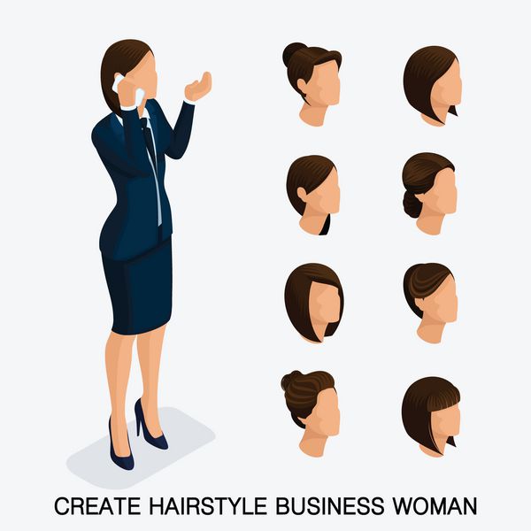 ست شیک ایزومتریک ۳ مدل موی زنانه زن جوان تاجر مدل مو رنگ مو جدا شده تصویری از زن تجاری مدرن ایجاد کنید وکتور