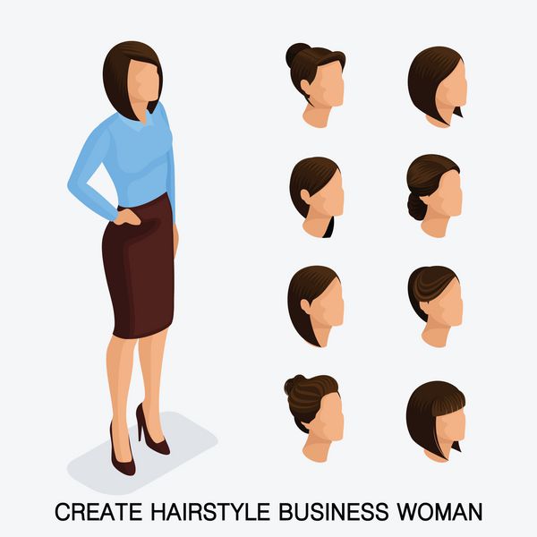 ست شیک ایزومتریک 5 مدل موی زنانه زن جوان تاجر مدل مو رنگ مو جدا شده تصویری از زن تجاری مدرن ایجاد کنید وکتور