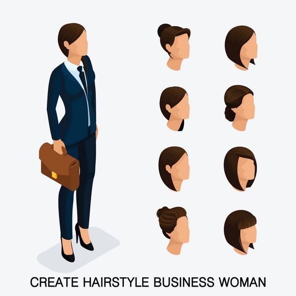 ست شیک ایزومتریک 6 مدل موی زنانه زن جوان تاجر مدل مو رنگ مو جدا شده تصویری از زن تجاری مدرن ایجاد کنید وکتور