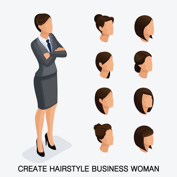 ست شیک ایزومتریک ۷ مدل موی زنانه زن جوان تاجر مدل مو رنگ مو جدا شده تصویری از زن تجاری مدرن ایجاد کنید وکتور