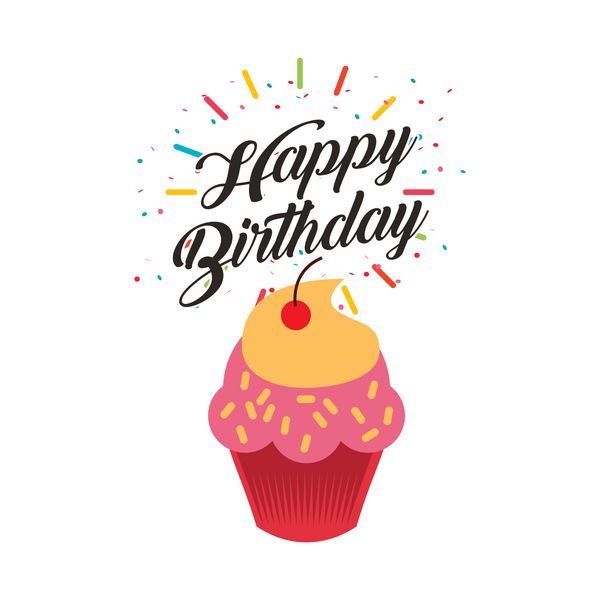 کارت تبریک تولد با نماد کیک شیرین طراحی رنگارنگ وکتور