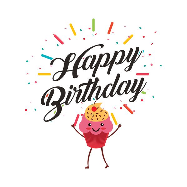 کارت تبریک تولد با کیک کارتونی با چهره شاد کاوایی طراحی رنگارنگ وکتور
