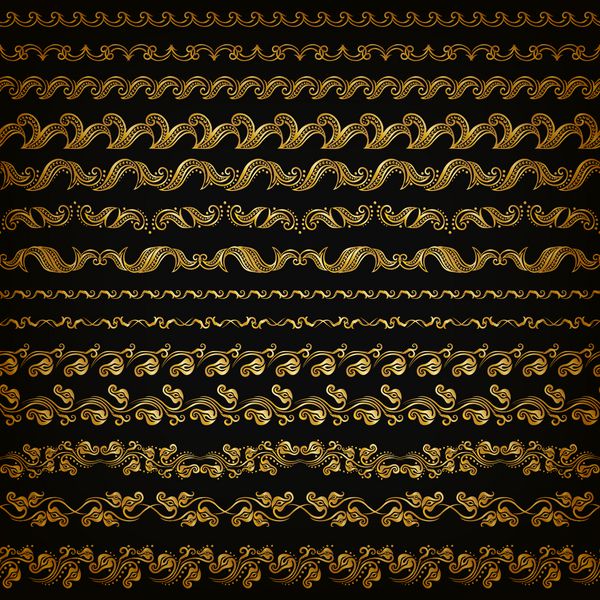 مجموعه ای از الگوی توری طلایی افقی عناصر تزئینی حاشیه برای طراحی زیور آلات گلدار بدون درز روی زمینه مشکی صفحه دکوراسیون وب سایت وکتور