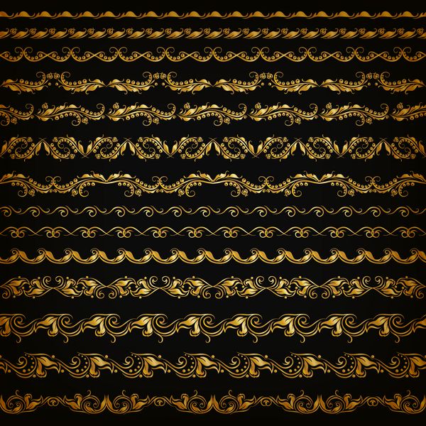 مجموعه ای از الگوی توری طلایی افقی عناصر تزئینی حاشیه برای طراحی زیور آلات گلدار بدون درز روی زمینه مشکی صفحه دکوراسیون وب سایت وکتور