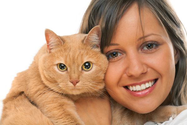 زن جوان با گربه خانگی جدا شده در پس زمینه سفید