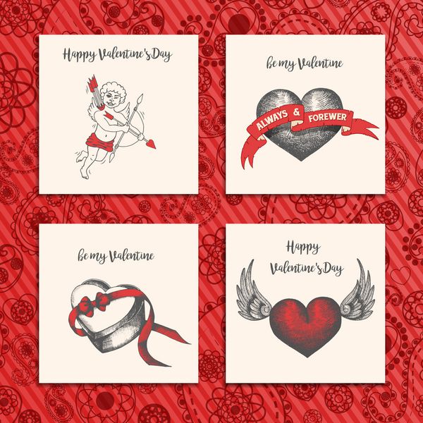 مجموعه ای از کارت های تبریک برای روز ولنتاین در پس زمینه قرمز با الگوی پیسلی نمادهای عشق حروف طرح دستی حکاکی جوجه کشی