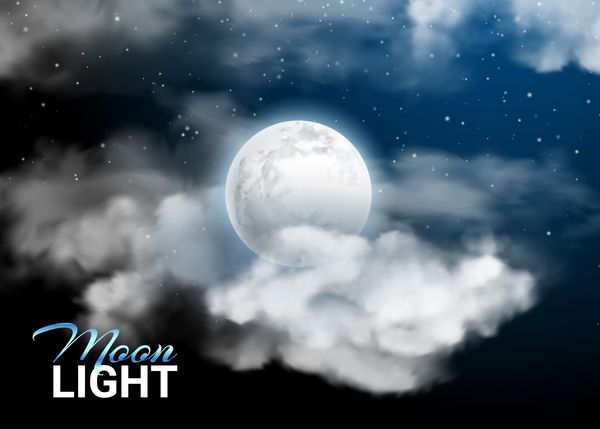 شب مهتاب ماه کامل آسمان عرفانی ابرهای واقعی و ستاره ها درخشش روی آبی تیره پس زمینه وکتور