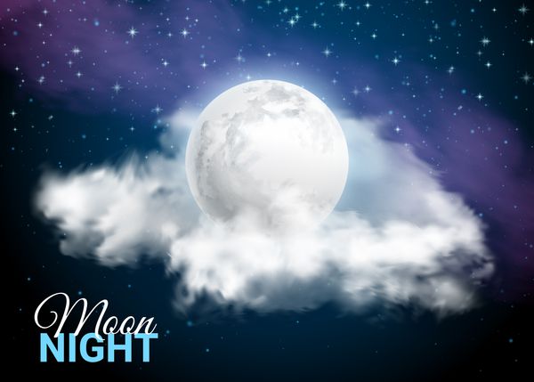 ماه کامل در پس زمینه کهکشان راه شیری شب مهتاب آسمان عرفانی ابرها و ستاره ها واقع بین درخشش روی آبی تیره وکتور