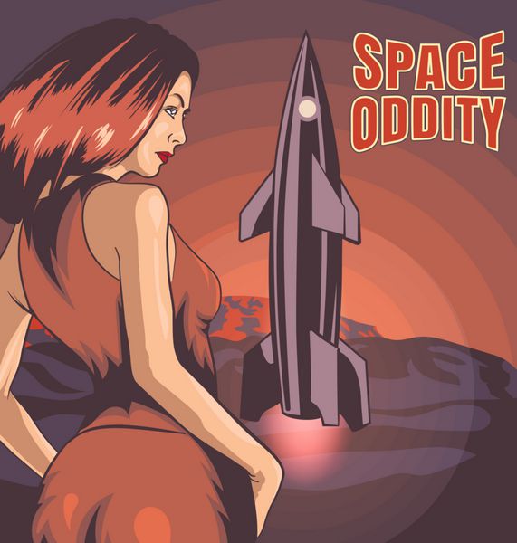 زن شجاع زیبا در ایستگاه مریخ فرود موشک به سیاره مریخ فانتزی علمی تخیلی رنگی سبک رترو وکتور