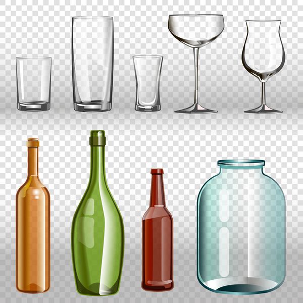 بطری های شیشه ای یک مجموعه سه بعدی شفاف واقعی
