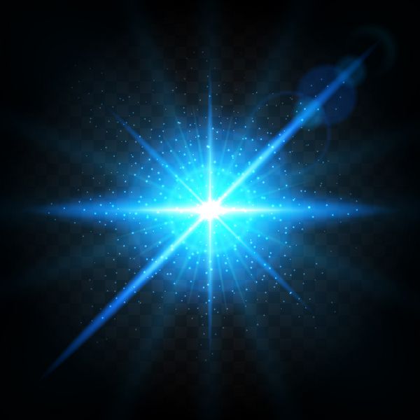 اثر انفجار پرواز در جهات مختلف ذرات لنز آبی درخشش وکتور ستاره فلش پرتوهای آبی و جرقه ها بر روی یک شفاف تیره