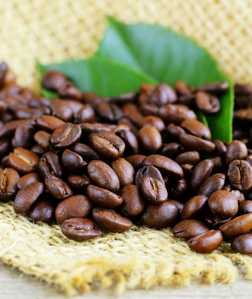 دانه های طبیعی قهوه ارگانیک در زمینه چوبی
