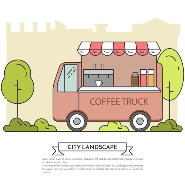 منظره شهر با کامیون قهوه در پارک عمومی Line art