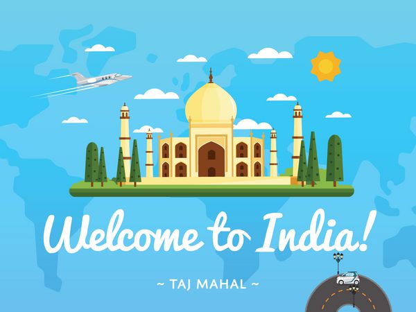 به پوستر هند با وکتور جاذبه معروف خوش آمدید طراحی سفر با کاخ باستانی تاج محل در پس زمینه نقشه جهان سفر هوایی در سراسر جهان زمان سفر کشف مکان های جدید