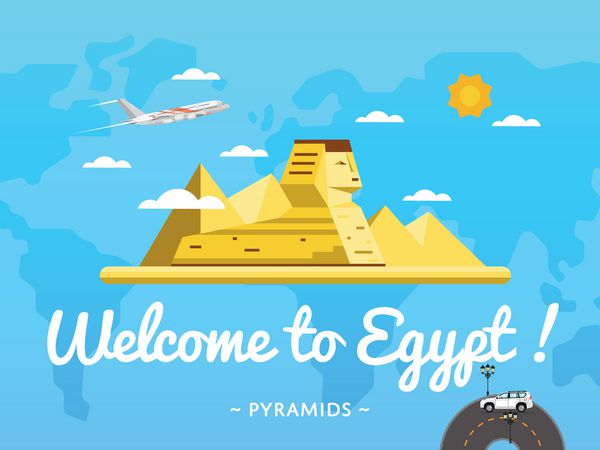 پوستر به مصر خوش آمدید با وکتور جاذبه معروف طراحی سفر با هرم باستانی و مجسمه ابوالهول در صحرا مفهوم مسافرت هوایی و گردشگری جهان بنر آژانس مسافرتی